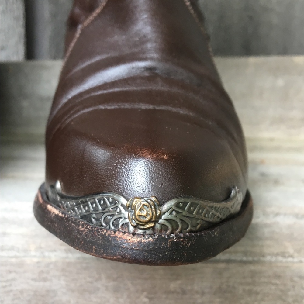Rare ZODIAC Boots Vintage Moto Brown Leather Silver Gold Floral Feather Size 7.5 - Picture 4 of 11